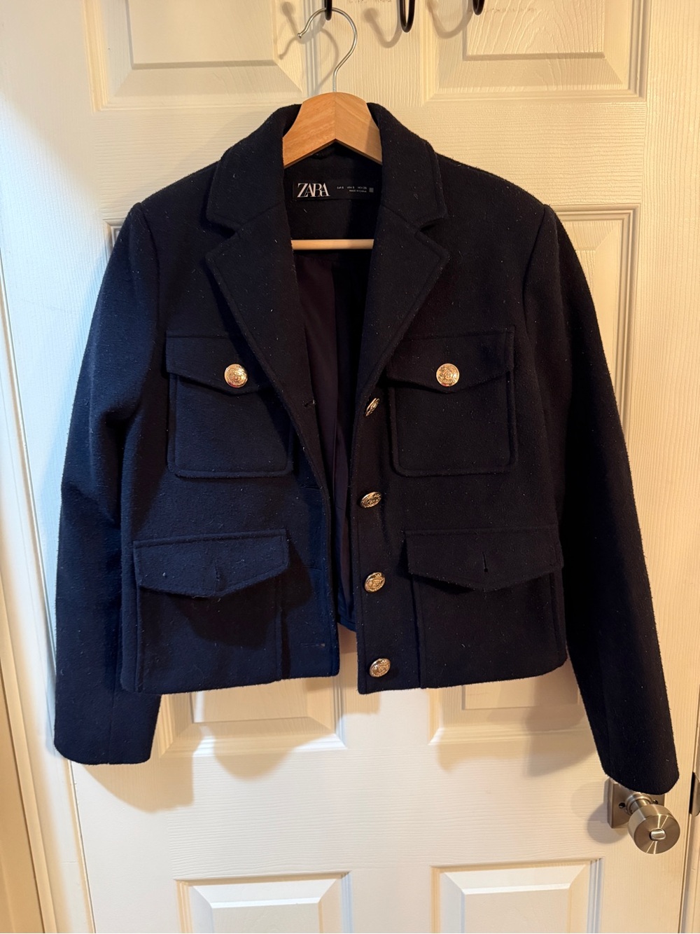 ZARA Navy Wool Military-Style Blazer with Gold Buttons